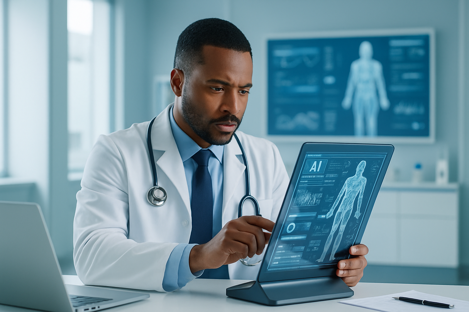 Doctor utilizando inteligencia artificial en consulta médica