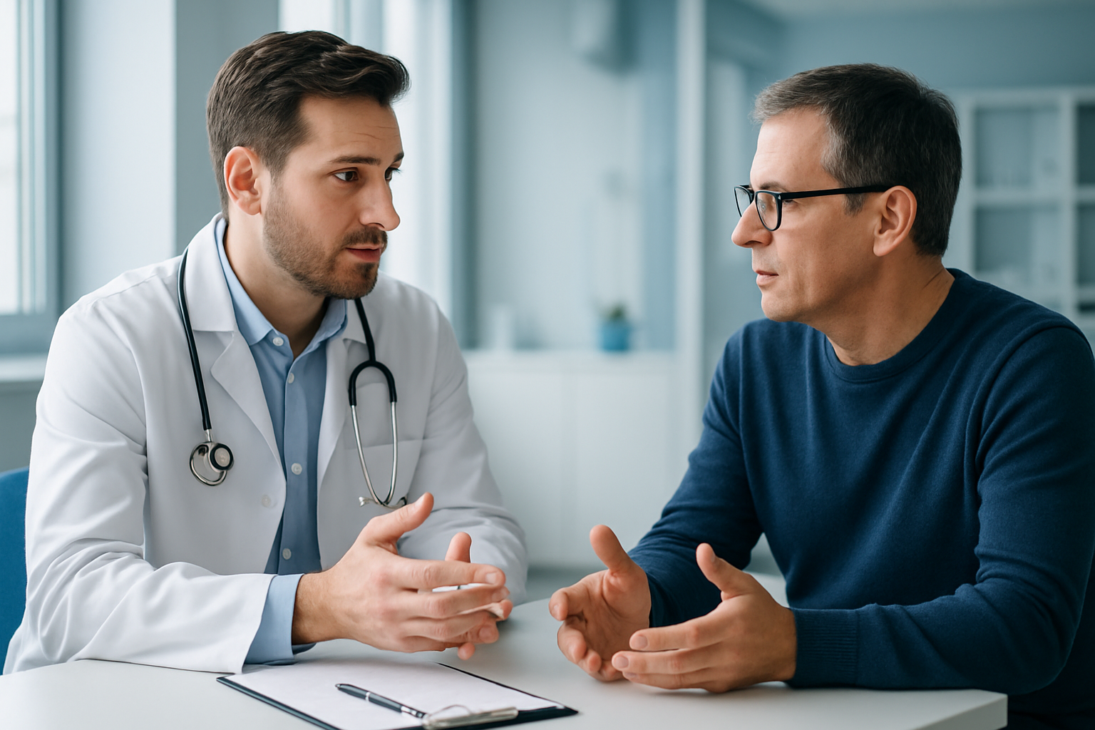 Médico y paciente en consulta médica comunicándose eficazmente