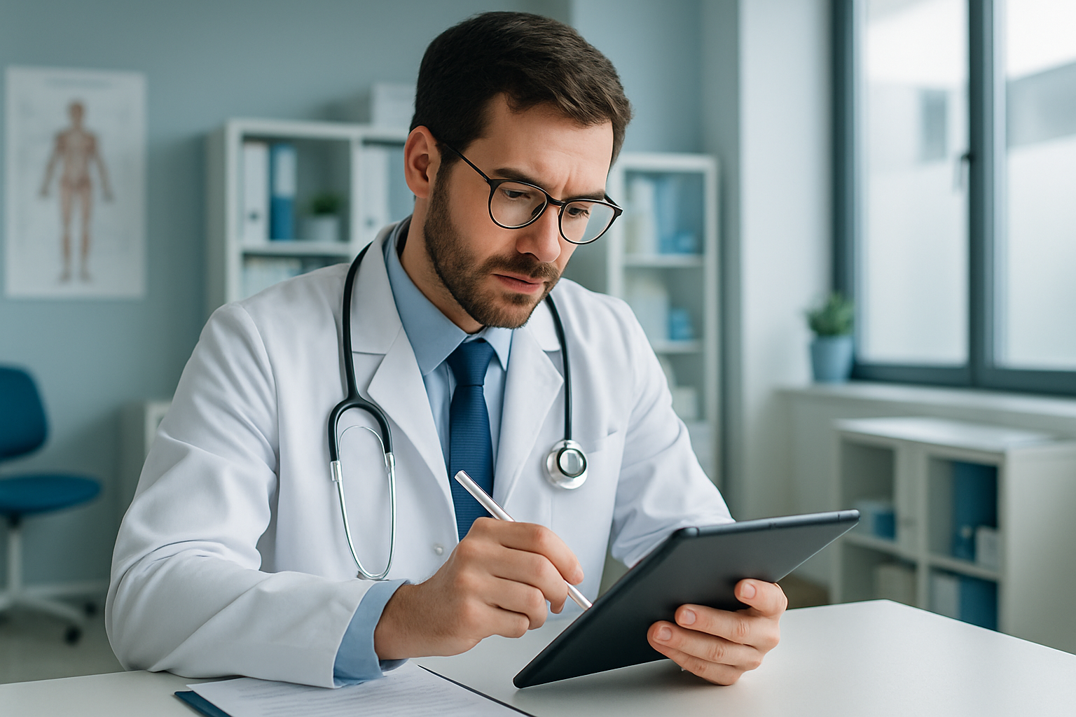 Doctor documenting a consultation on a digital tablet.