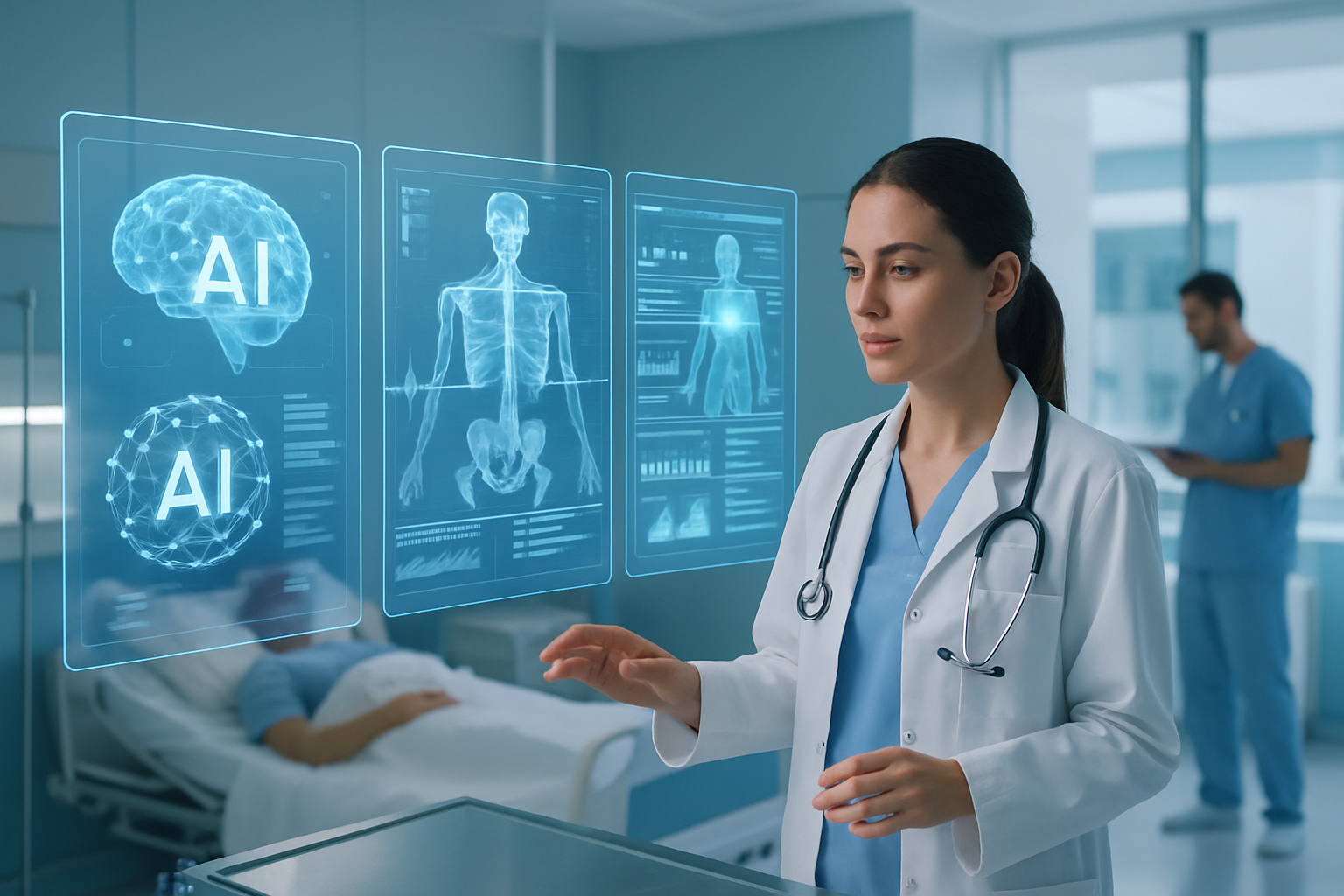Configuración hospitalaria futurista con IA y datos médicos