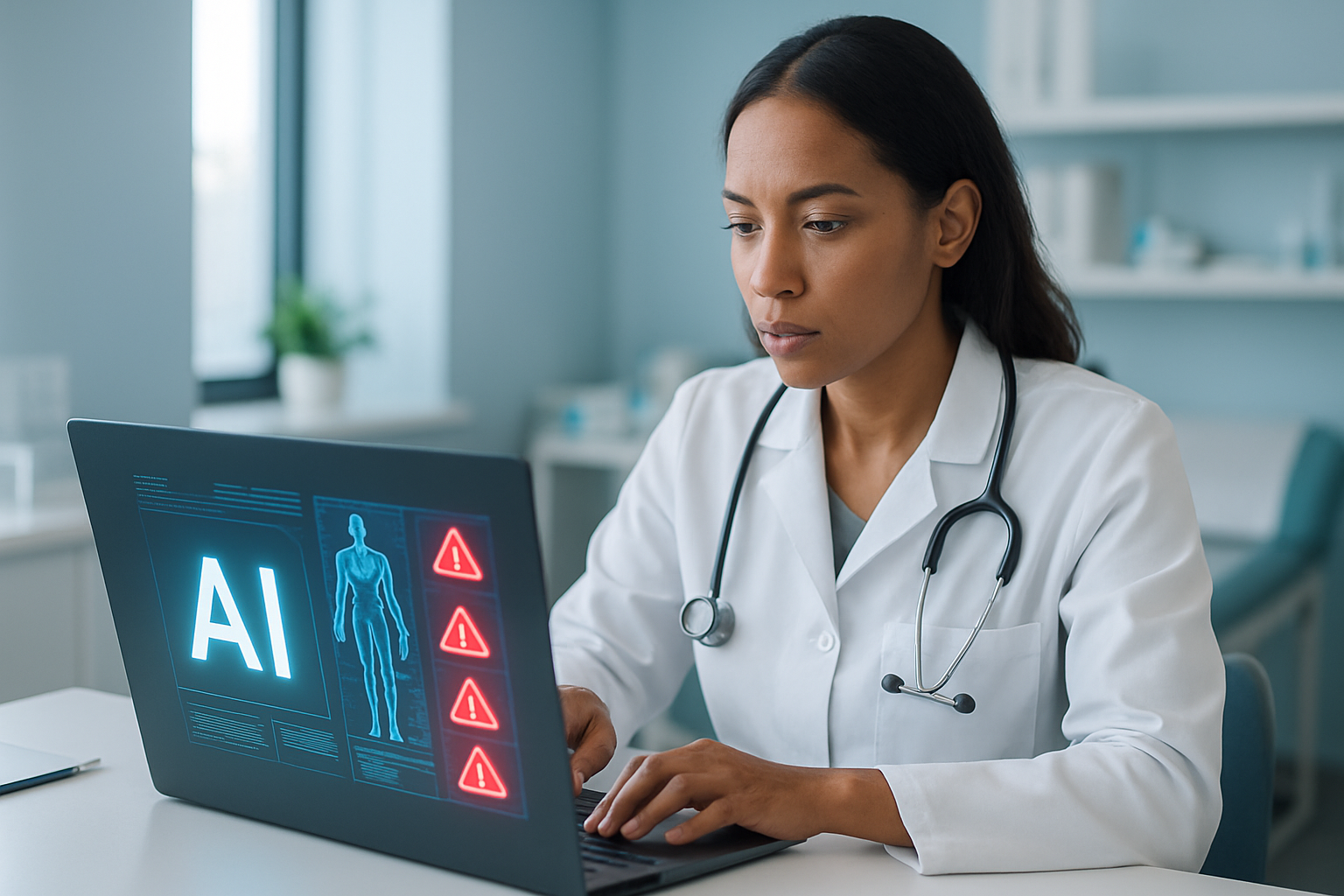 Profesional médico utilizando tecnología de IA en atención primaria.